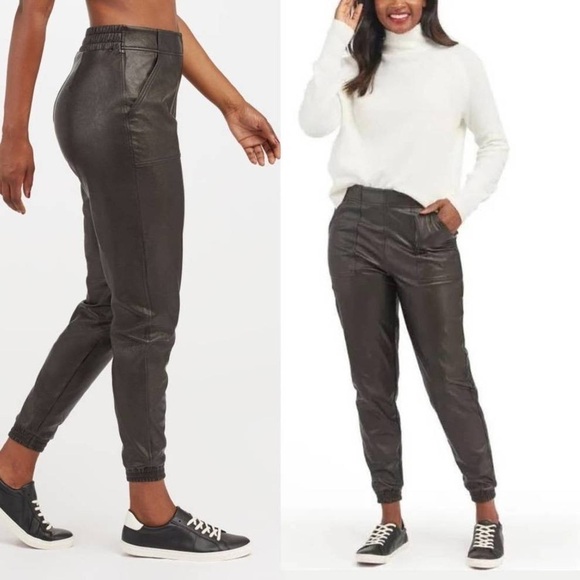 SPANX women’s black faux leather jogger pull on pants with front pockets Sz-L. - Picture 12 of 13